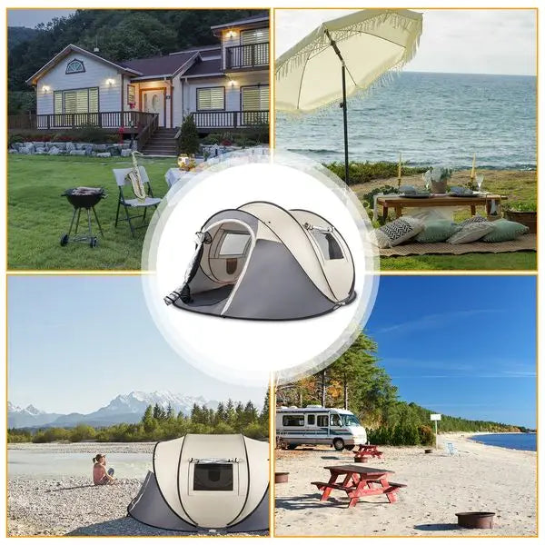 3-4 Person Quick-Setup Camping Tent – Polyester Coffee Fiber with Durable Poles for Outdoor Adventures