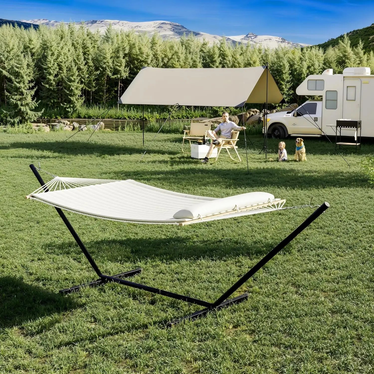 2-Person Double Hammock with Stand – 475lb Capacity, Quilted Pad & Cotton Rope for Camping & Backyard Relaxation