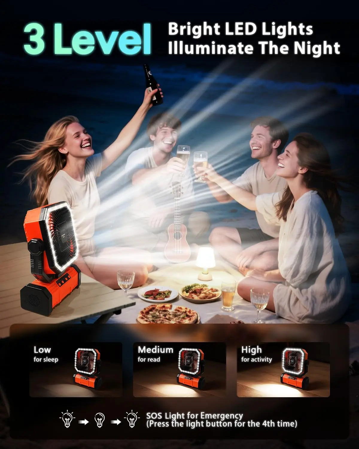 Rechargeable 20000mAh Camping Fan – 4 Speeds, LED Light & Bluetooth Speaker for Tents & Outdoor Use