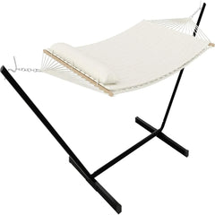 2-Person Double Hammock with Stand – 475lb Capacity, Quilted Pad & Cotton Rope for Camping & Backyard Relaxation