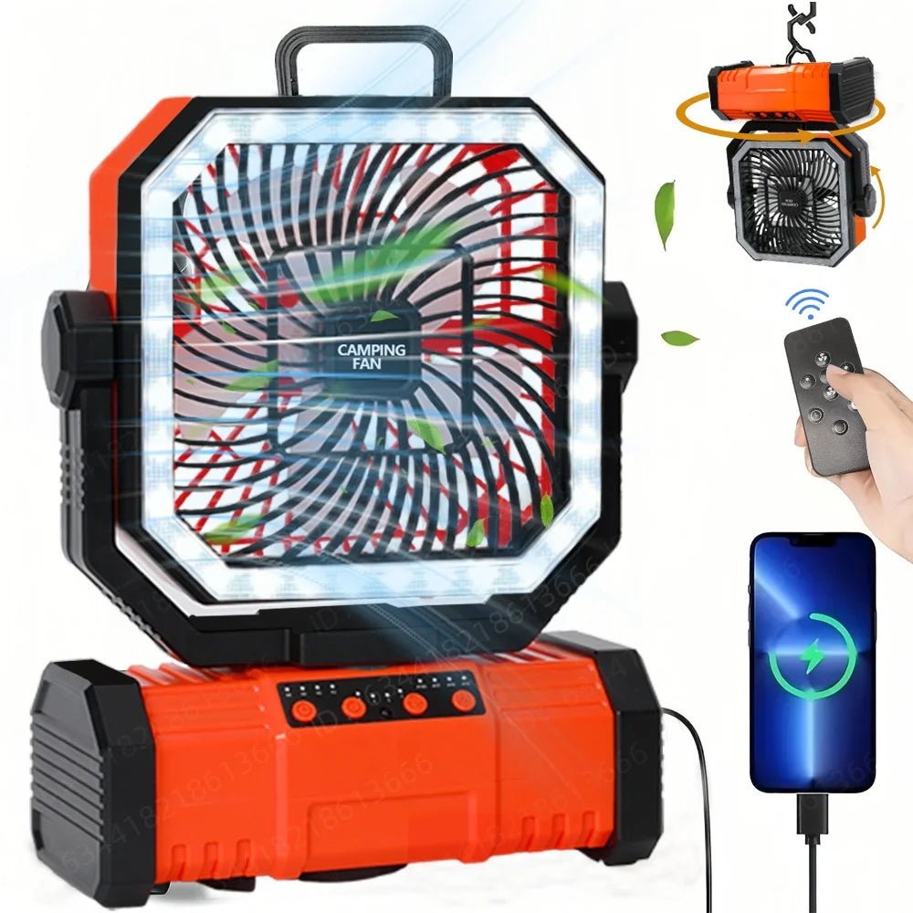 Rechargeable 20000mAh Camping Fan – 4 Speeds, LED Light & Bluetooth Speaker for Tents & Outdoor Use
