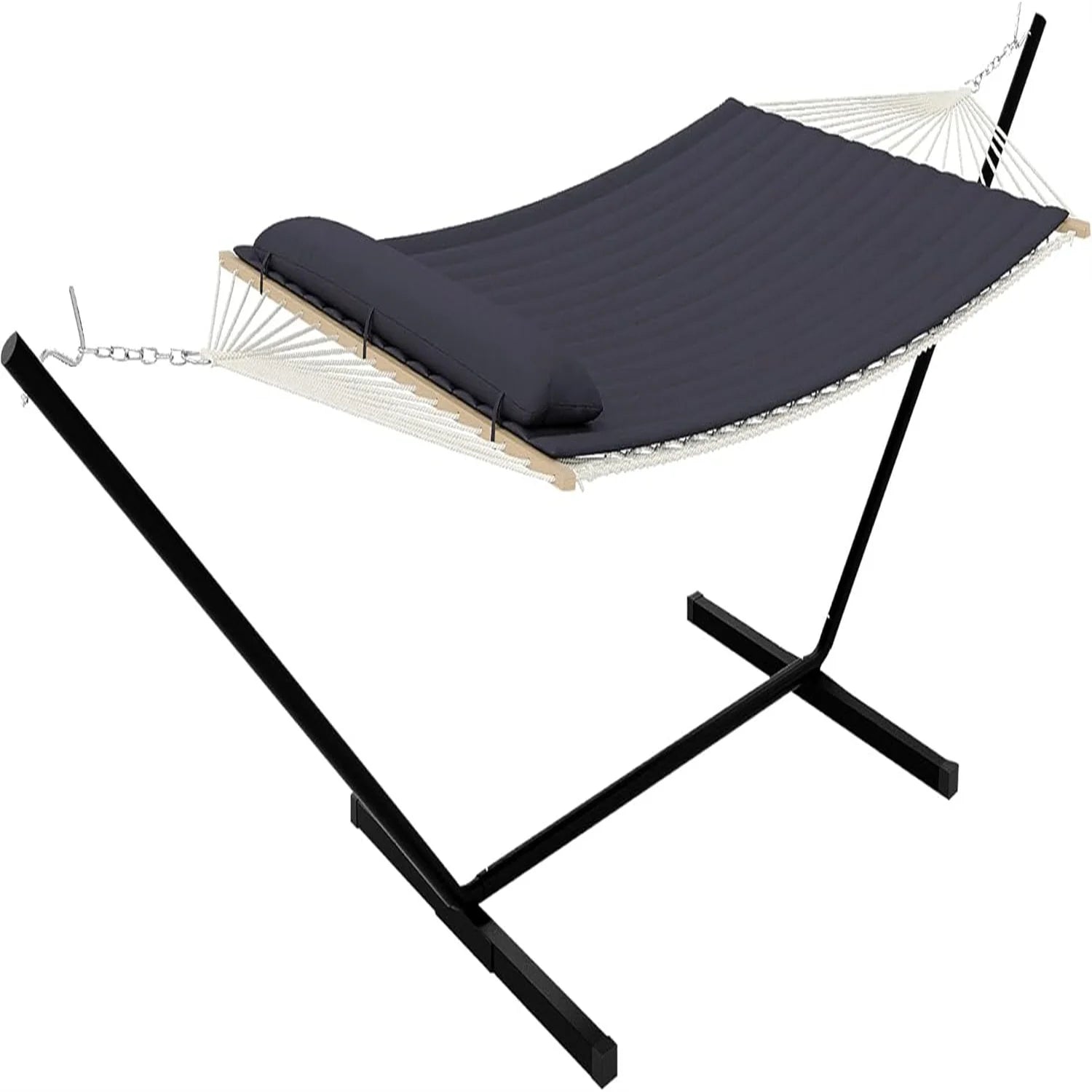 2-Person Double Hammock with Stand – 475lb Capacity, Quilted Pad & Cotton Rope for Camping & Backyard Relaxation