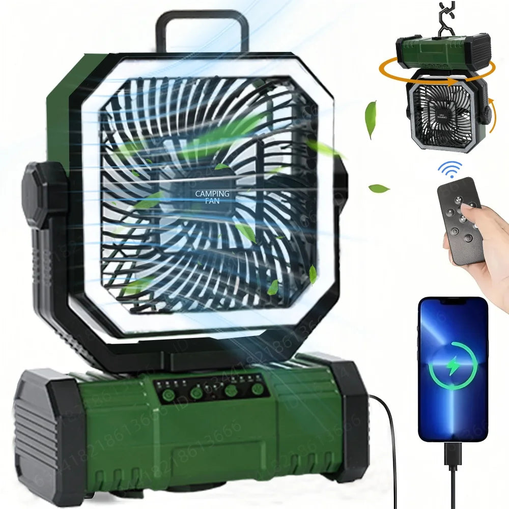 Rechargeable 20000mAh Camping Fan – 4 Speeds, LED Light & Bluetooth Speaker for Tents & Outdoor Use