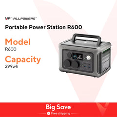 ALLPOWERS R600 Portable Power Station – 299Wh LiFePO4 Battery with Dual 600W AC Outlets for Camping, RV & Home Backup